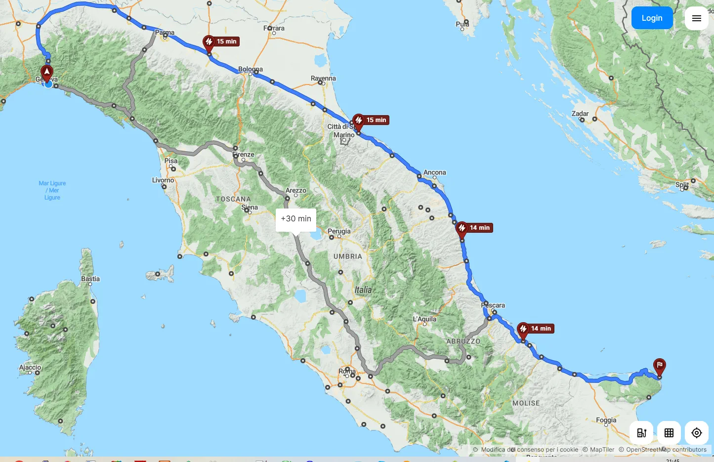 Simulazione con ABRP viaggio Genova - Vieste con auto elettrica